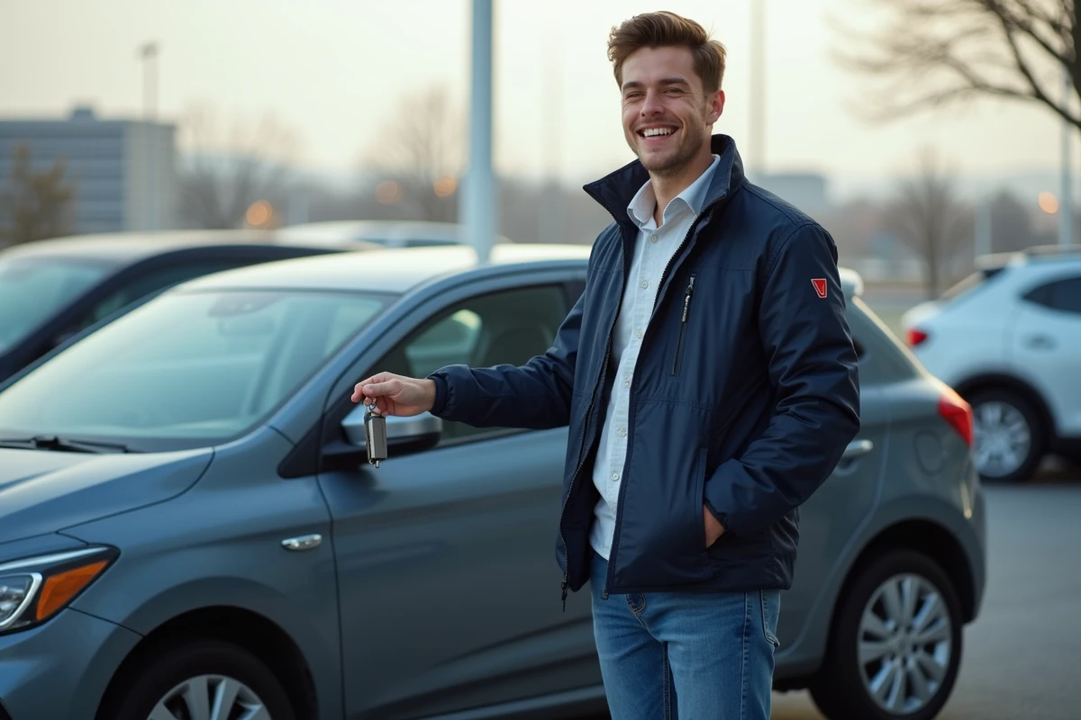 Homme jeune satisfait de son achat d'une voiture abordable marque en V devant un concessionnaire automobile