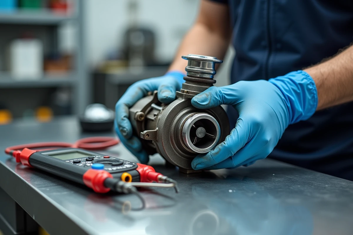 Actuateur de turbocompresseur Peugeot démonté sur établi lors d'un diagnostic du code P2563 récurrent