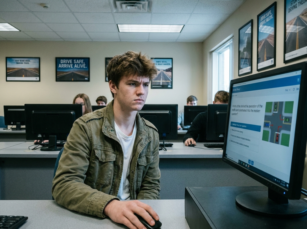 Adolescent passant l'examen du code de la route en ligne dans une salle d'auto-école moderne