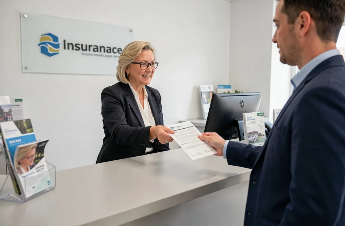 Agente d'assurance remettant un formulaire de résiliation d'assurance auto à un client en agence