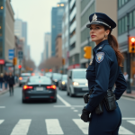Agent de police féminine en uniforme dans la ville