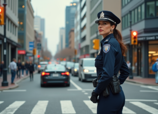 Agent de police féminine en uniforme dans la ville