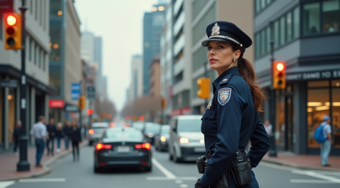 Agent de police féminine en uniforme dans la ville
