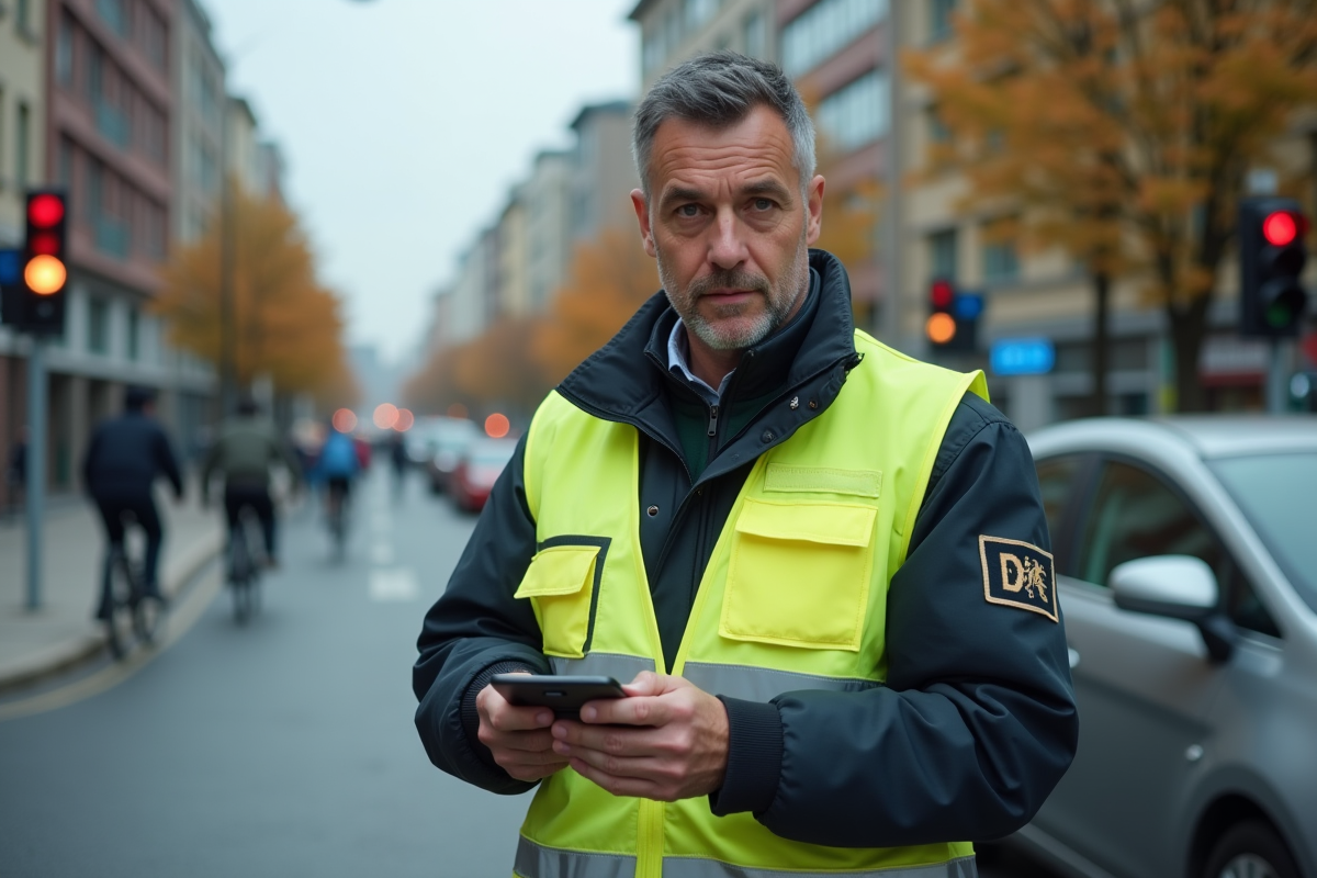 Agent municipal avec gilet réfléchissant contrôle une voiture