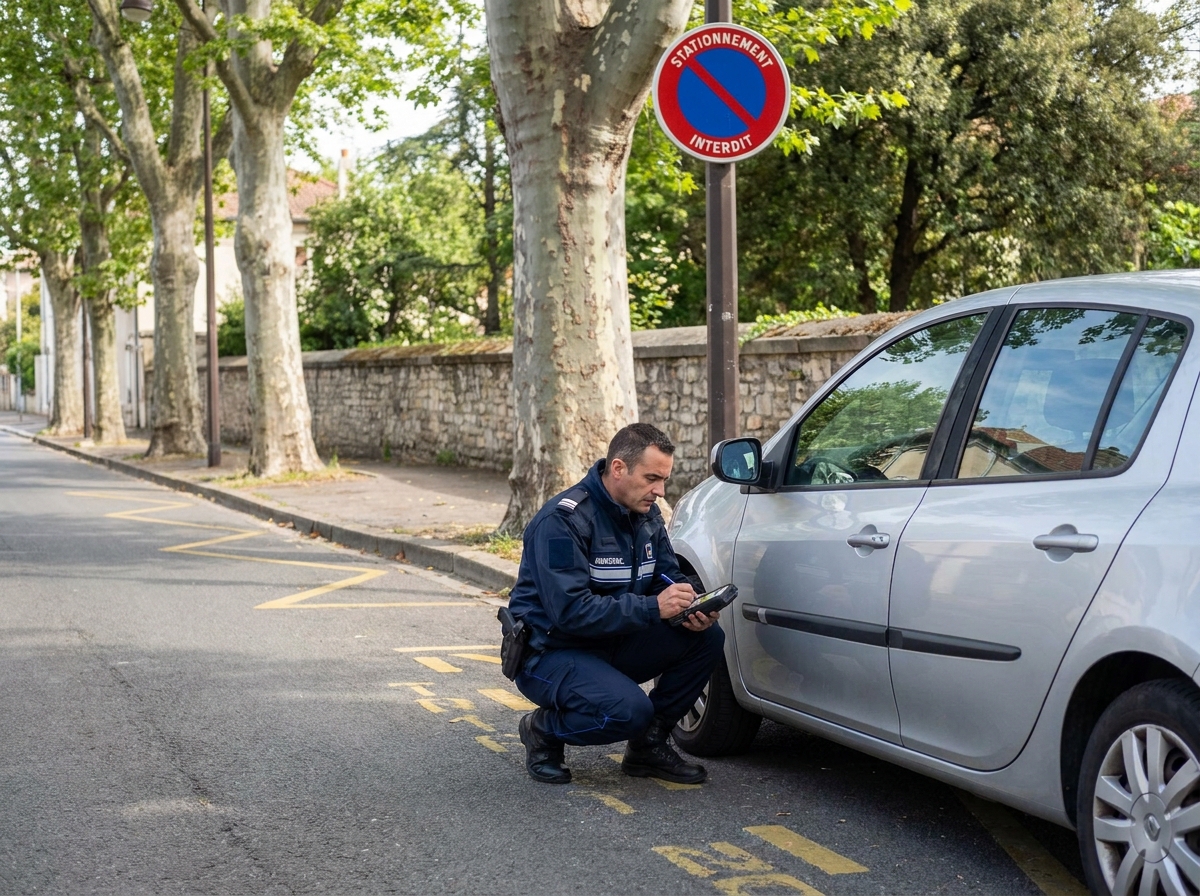 Agent de stationnement en uniforme municipal rédigeant un procès-verbal sous un panneau d'interdiction de stationner dans une rue résidentielle française