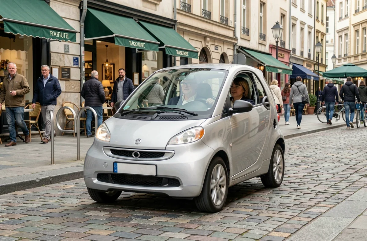Aixam 4 places circulant en centre-ville européen sur des pavés, idéale pour la mobilité urbaine sans permis