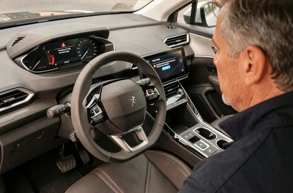 Conducteur d'un Peugeot 3008 observant un message d'alerte affiché sur le tableau de bord numérique du véhicule