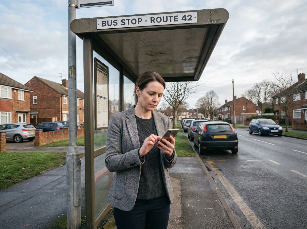 Femme professionnelle consultant son téléphone à un arrêt de bus urbain, symbolisant les alternatives de transport après une suspension de permis de conduire