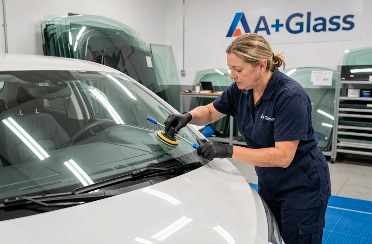 Technicienne du centre A+Glass à Doullens procédant au remplacement d'un pare-brise sur un véhicule