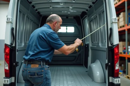 Artisan mesurant l'espace intérieur d'une camionnette blanche
