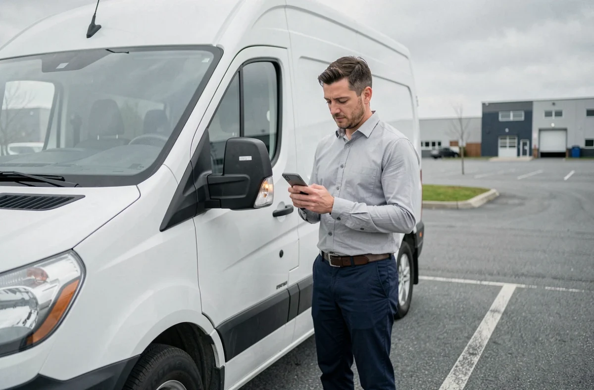 Professionnel consultant un comparateur d'assurance auto sur smartphone debout devant un véhicule utilitaire blanc dans un parking d'entreprise