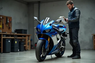 Motard examinant des documents d'assurance à côté d'une Suzuki GSX-R 750 dans un garage urbain