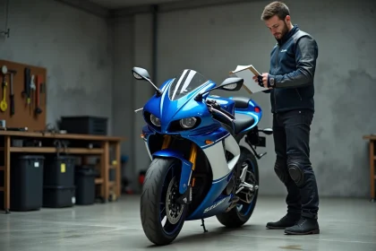 Motard examinant des documents d'assurance à côté d'une Suzuki GSX-R 750 dans un garage urbain