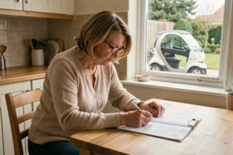 Femme d'une cinquantaine d'années comparant des offres d'assurance pour voiture sans permis à la maison