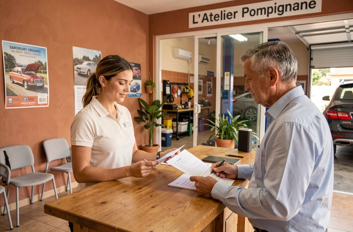 Conseillère automobile accueillant un client à la réception de L'Atelier Pompignane à Montpellier