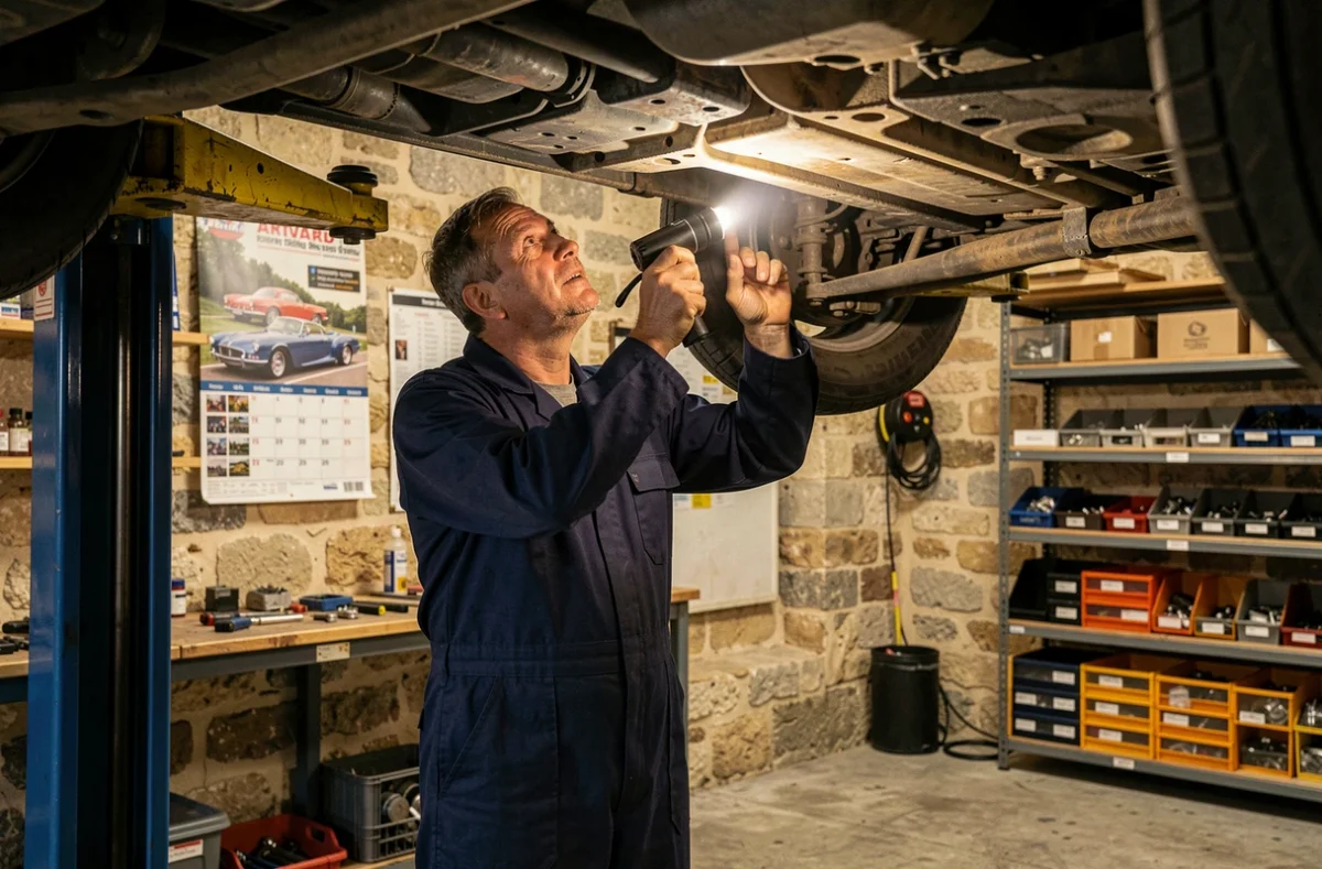 Technicien inspectant le dessous d'un véhicule surélevé dans le garage Attard à Montpellier