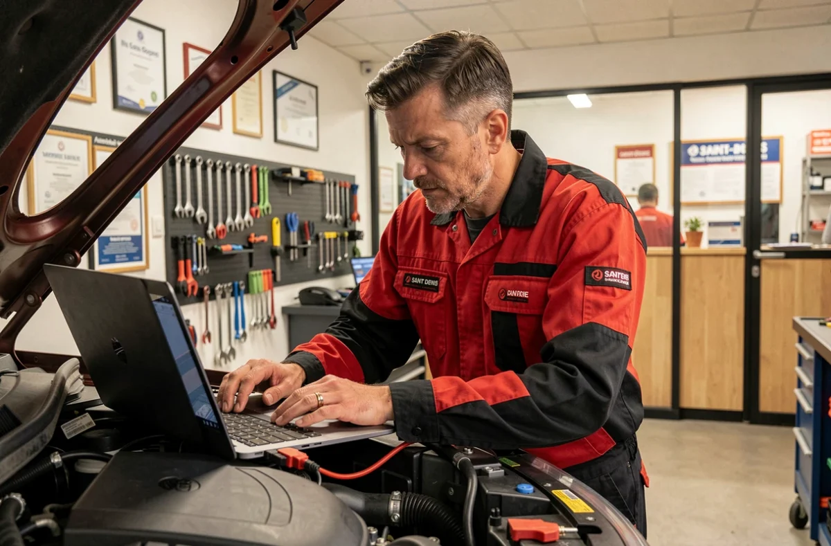 Mécanicien effectuant un diagnostic électronique sur un véhicule chez Auto Top Services à Gennevilliers