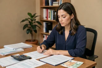 Femme calculant le budget pour refaire son permis de conduire avec des documents et billets d'euros sur un bureau