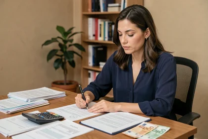 Femme calculant le budget pour refaire son permis de conduire avec des documents et billets d'euros sur un bureau