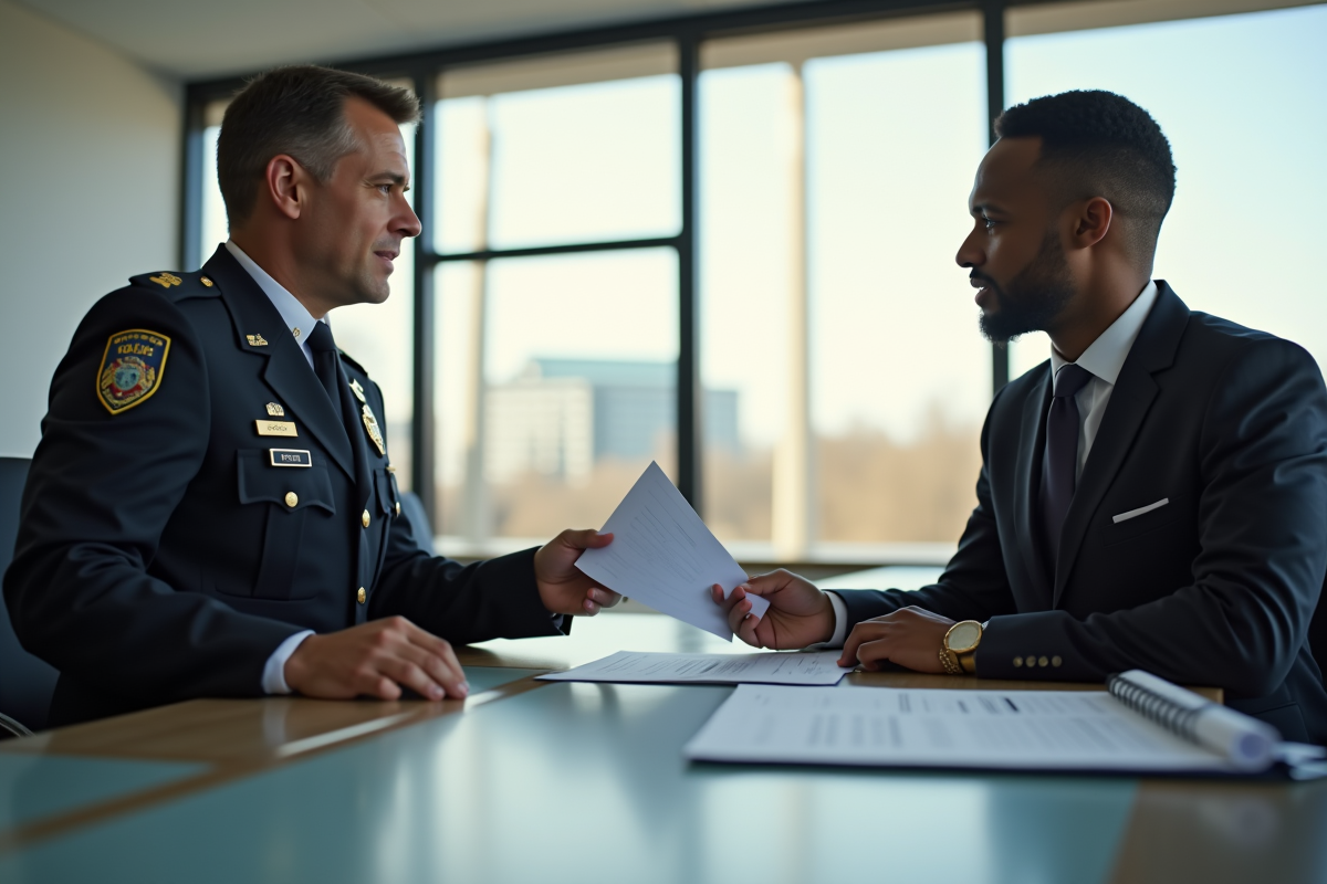 Agent de police et employé échangeant des documents dans un bureau moderne