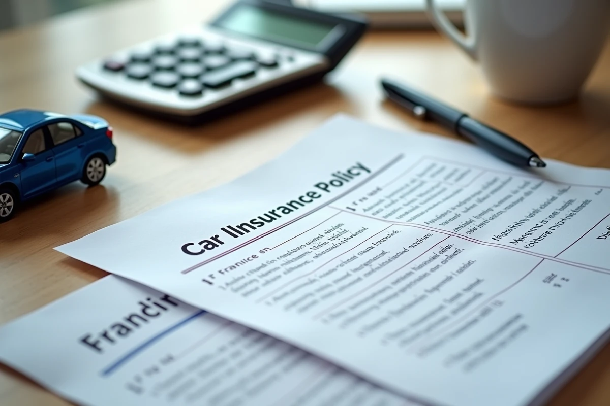 Vue aérienne d'un bureau avec contrat d'assurance auto, calculatrice et notes manuscrites sur les franchises