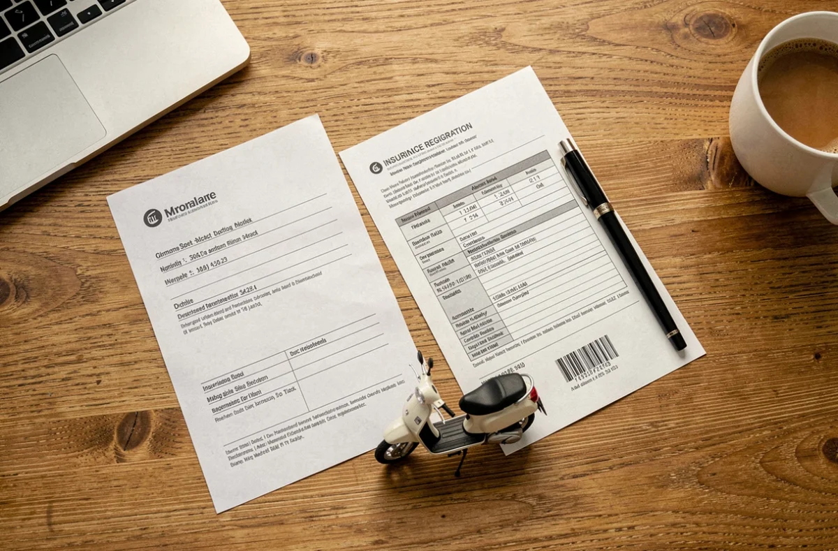 Vue aérienne d'un bureau avec contrat d'assurance scooter, carte grise et stylo pour illustrer l'obligation légale d'assurance