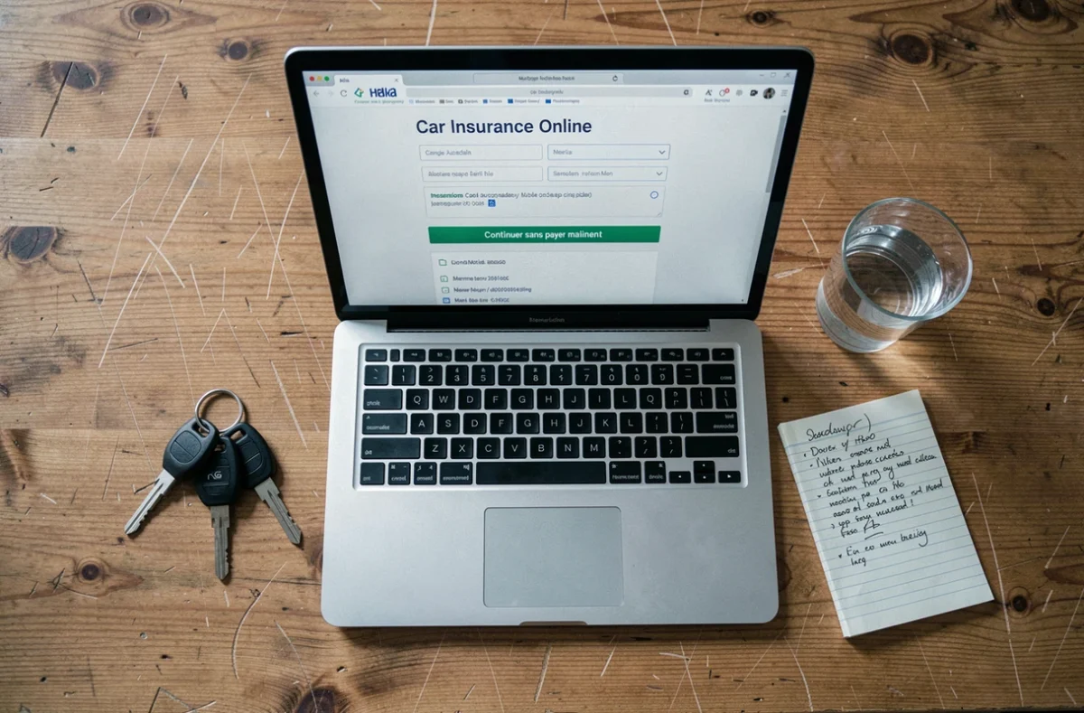 Vue aérienne d'un bureau avec un ordinateur affichant un formulaire d'assurance auto en ligne et des clés de voiture