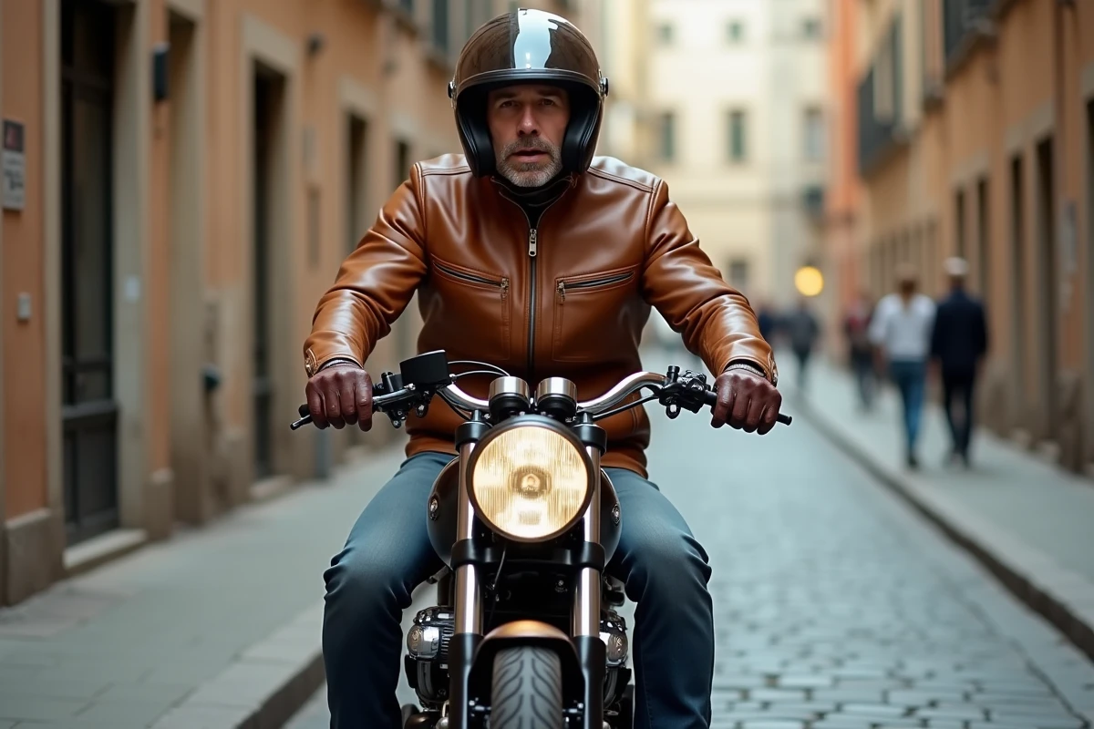 Motard en tenue vintage cuir sur une moto café racer dans une rue pavée, idée cadeau moto équipement rétro