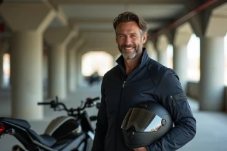 Homme en veste moto textile avec casque sous le bras dans un parking urbain, idée cadeau moto homme sécurité et style