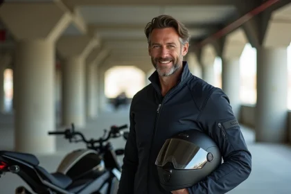 Homme en veste moto textile avec casque sous le bras dans un parking urbain, idée cadeau moto homme sécurité et style