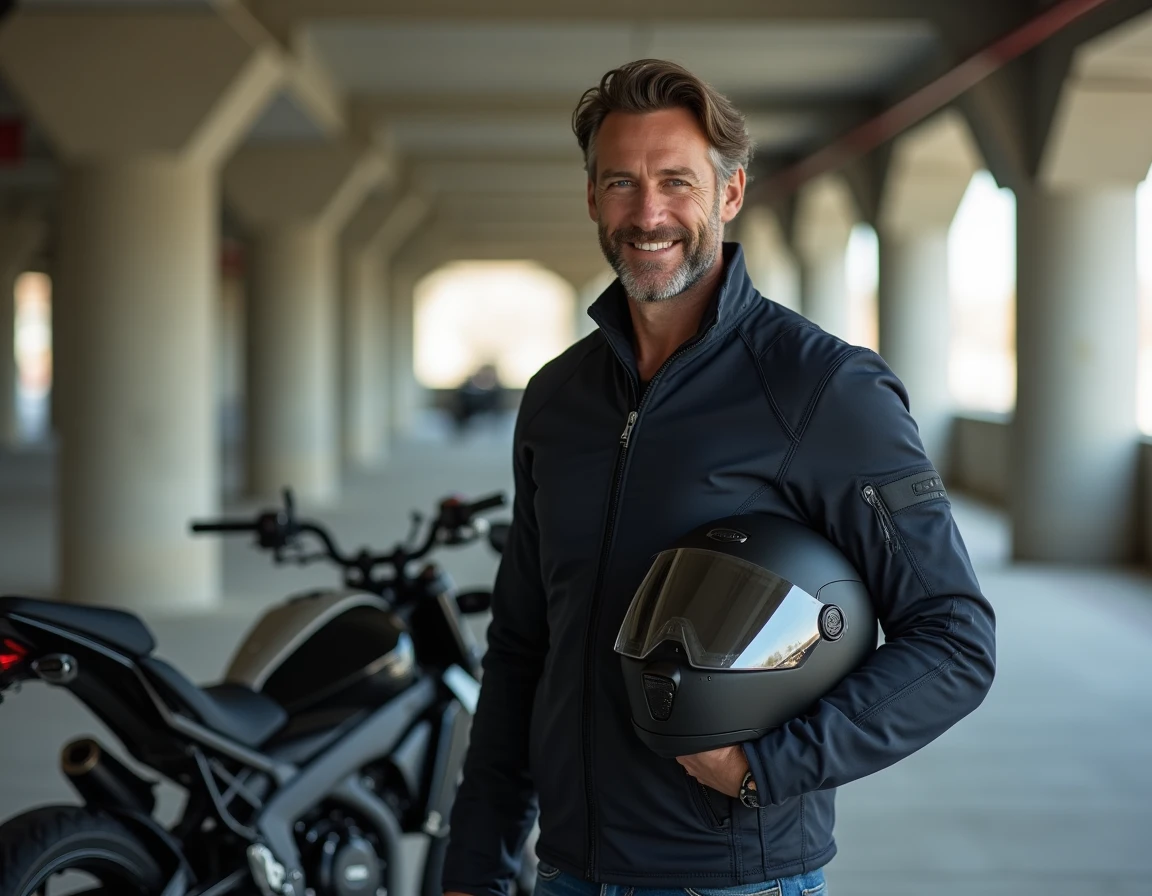 Homme en veste moto textile avec casque sous le bras dans un parking urbain, idée cadeau moto homme sécurité et style