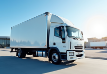 Camion blanc neuf de 19 tonnes dans un décor urbain ensoleillé