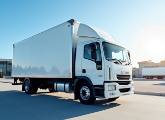 Camion blanc neuf de 19 tonnes dans un décor urbain ensoleillé