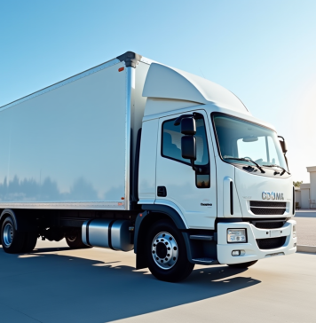 Camion blanc neuf de 19 tonnes dans un décor urbain ensoleillé