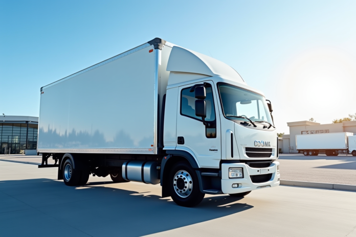 Camion blanc neuf de 19 tonnes dans un décor urbain ensoleillé