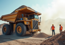 Camion de construction déversant gravier sur un chantier actif