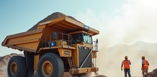 Camion de construction déversant gravier sur un chantier actif