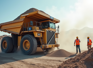 Camion de construction déversant gravier sur un chantier actif