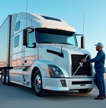 Camion moderne de 40 tonnes au centre logistique avec conducteur