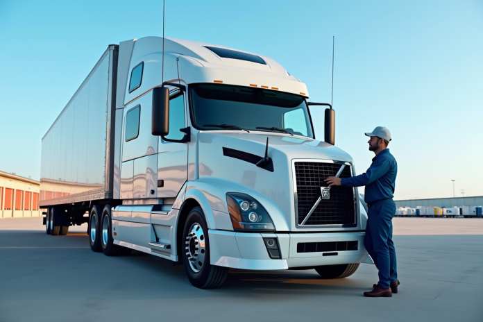 Camion moderne de 40 tonnes au centre logistique avec conducteur