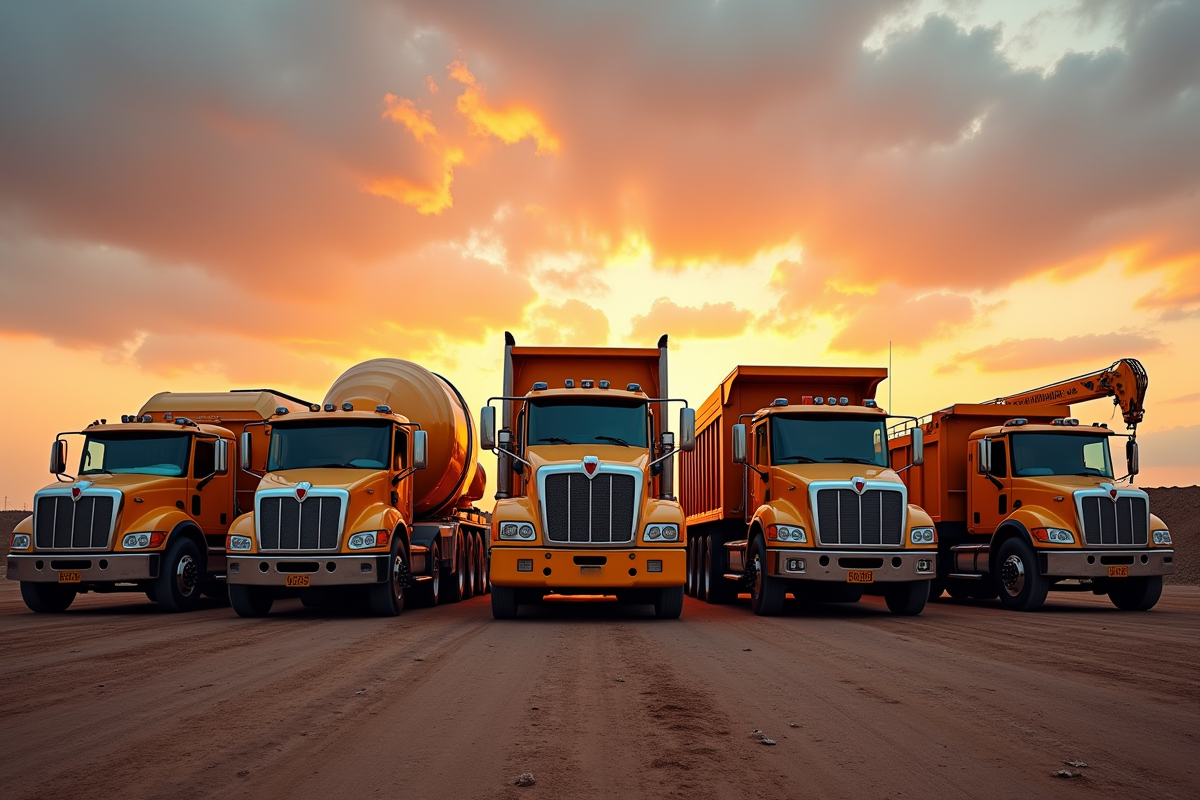 Ligne de camions de chantier au lever du soleil avec ciel vif