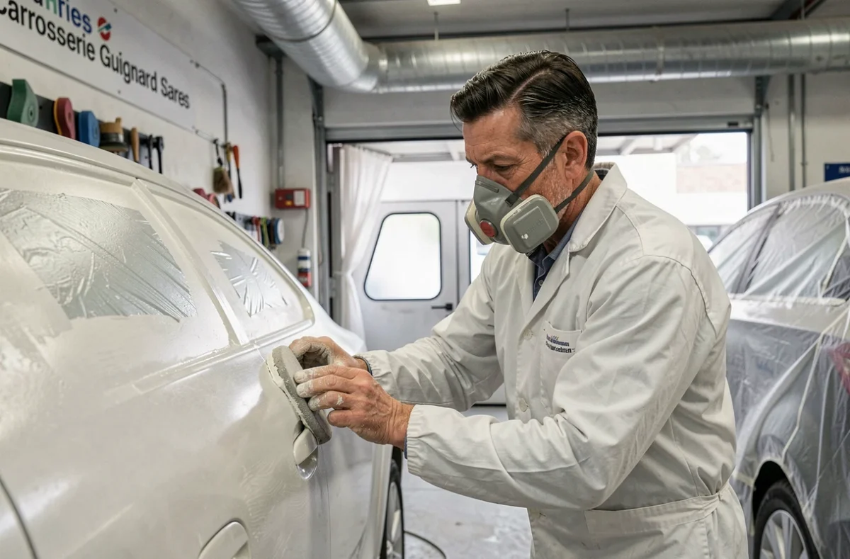 Carrossier appliquant du mastic de réparation sur une portière dans l'atelier Carrosserie Guignard Sares à Montpellier