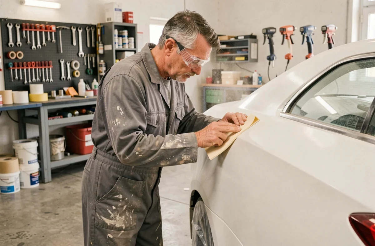 Technicien en carrosserie ponçant un panneau de voiture blanche dans l'atelier de Carrosserie U Punticchiu en Haute-Corse