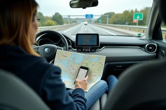Femme consultant une carte des autoroutes françaises et une application GPS interactive depuis le siège passager d'une voiture moderne sur l'autoroute