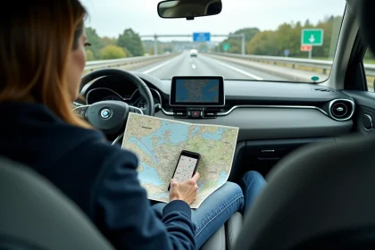 Femme consultant une carte des autoroutes françaises et une application GPS interactive depuis le siège passager d'une voiture moderne sur l'autoroute