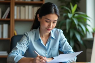 Femme consultant des documents d'assurance voiture à son bureau pour un changement d'assureur