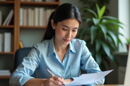 Femme consultant des documents d'assurance voiture à son bureau pour un changement d'assureur
