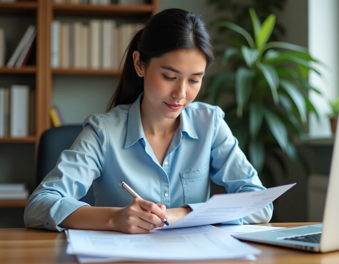 Femme consultant des documents d'assurance voiture à son bureau pour un changement d'assureur