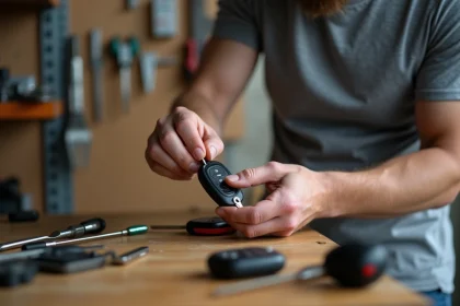 Homme tenant une clé de Renault Clio 4 et un petit tournevis pour ouvrir le boîtier de la télécommande sur un établi en bois