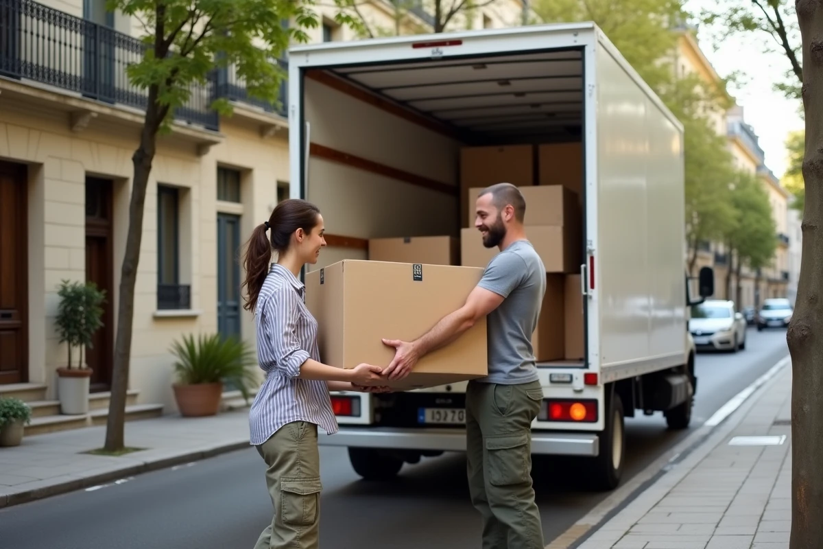 Couple chargeant des cartons dans un camion de déménagement loué devant un immeuble résidentiel français